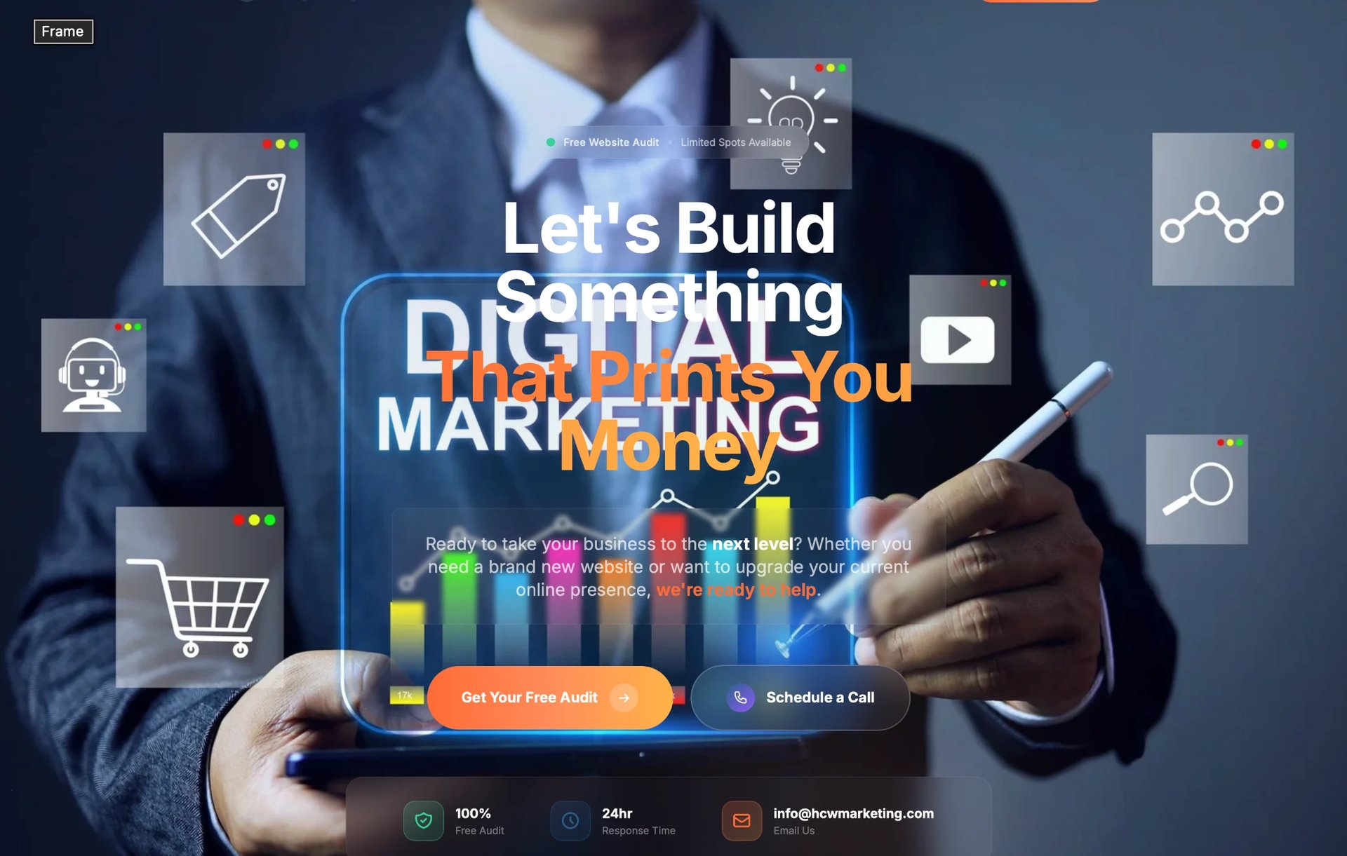 Businessman holding digital device with digital marketing interface showing charts, icons, and text Lets Build your Digital Marketing Strategy